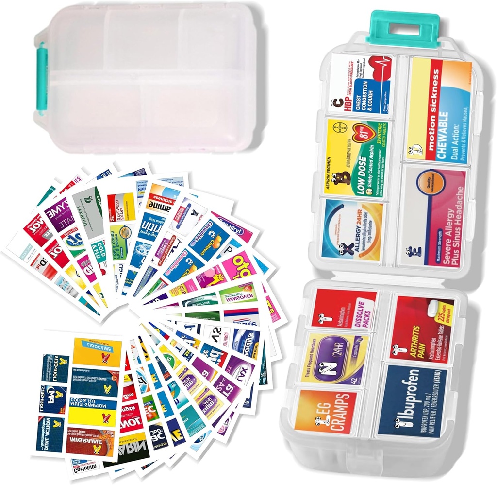 Velike tablete Organizator z medicinskimi nalepkami - 7 Day Travel Daily Container, Mini Medication Storage Case (White, 161 Labels)