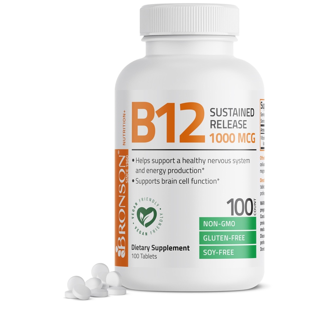 Bronson Vitamin B12 1000 mcg Premium Non GSO tablete podpira živčni sistem, zdravo delovanje možganov in proizvodnjo energije, 100 število
