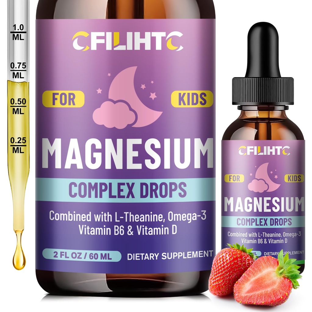Otroci Magnezij tekoče kapljice-magnezij Glicinat Tekočina za otroke dodatek-m/L-teanin, Omega-3, vitamin B6, D3 - za spanje, sprostitev, možgani, kosti - 2 Fl Oz Otroški mir, jagodni okus