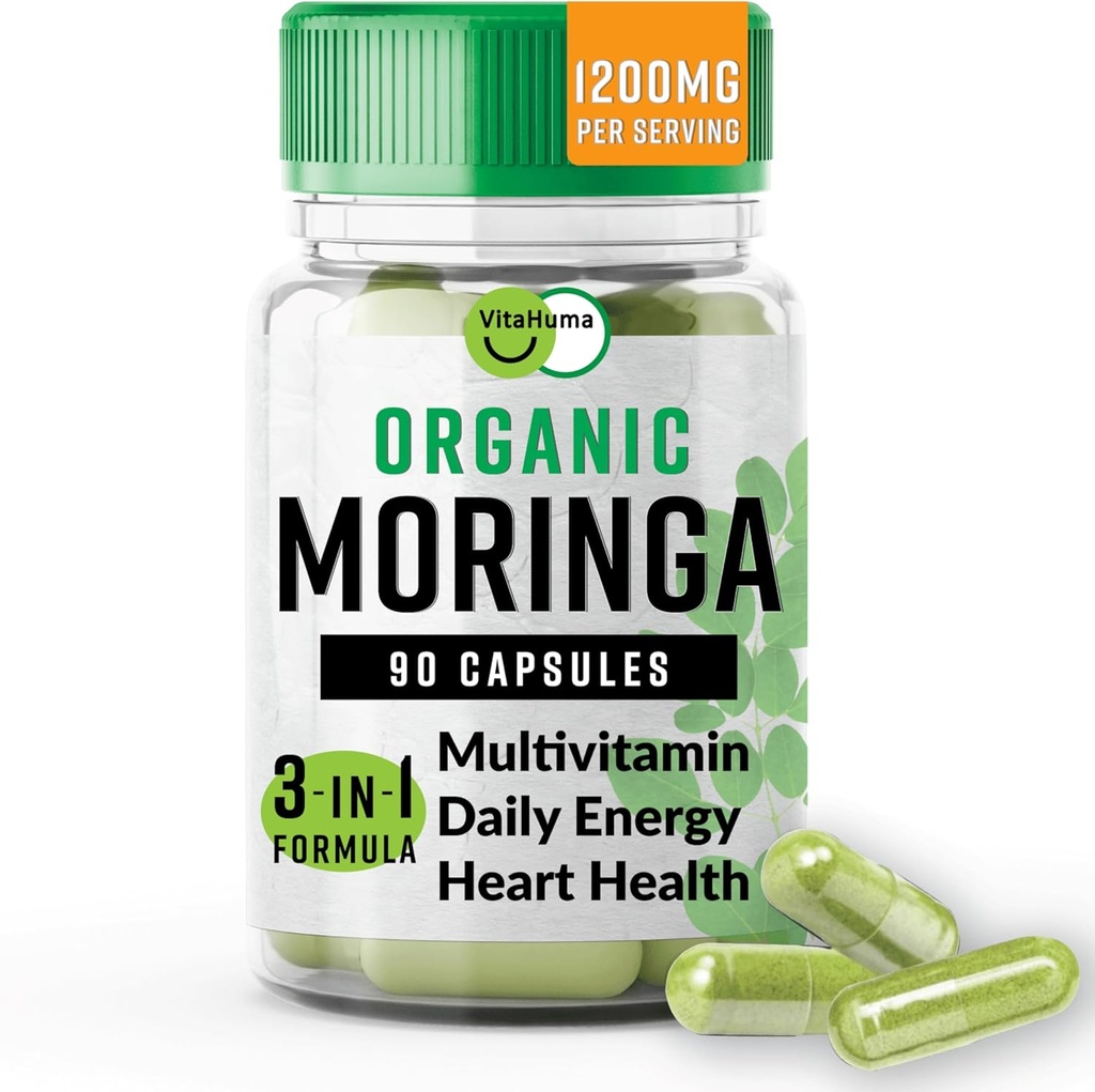Organski Moringa, antioksidant za hranilne snovi z vitaminom C, A, E, kalcij, kalij, železo, magnezij, beljakovine in aminokisline za hidracijo in energijo, Vegan, 1200 MG na servis, 90 CT