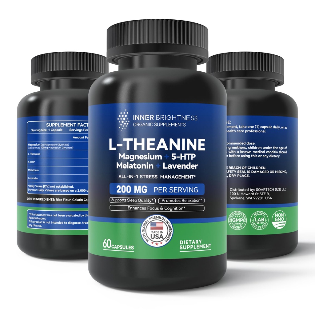 L Theanine 200mg, Magnezij, 5-HTP & Melatonin – All-in-1 L-teanin dodatek za razbremenitev stresa, fokus in kognicija, spanje - 60 kapsul