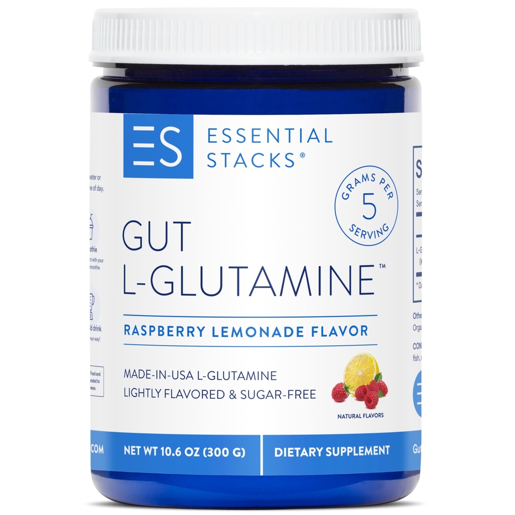 Essential Stacks Gut L-glutamin Powder - Ekskluzivno izdelan v ZDA - Pure L Glutamin Powder for Gut Health (50 strežbe, malina limonada)