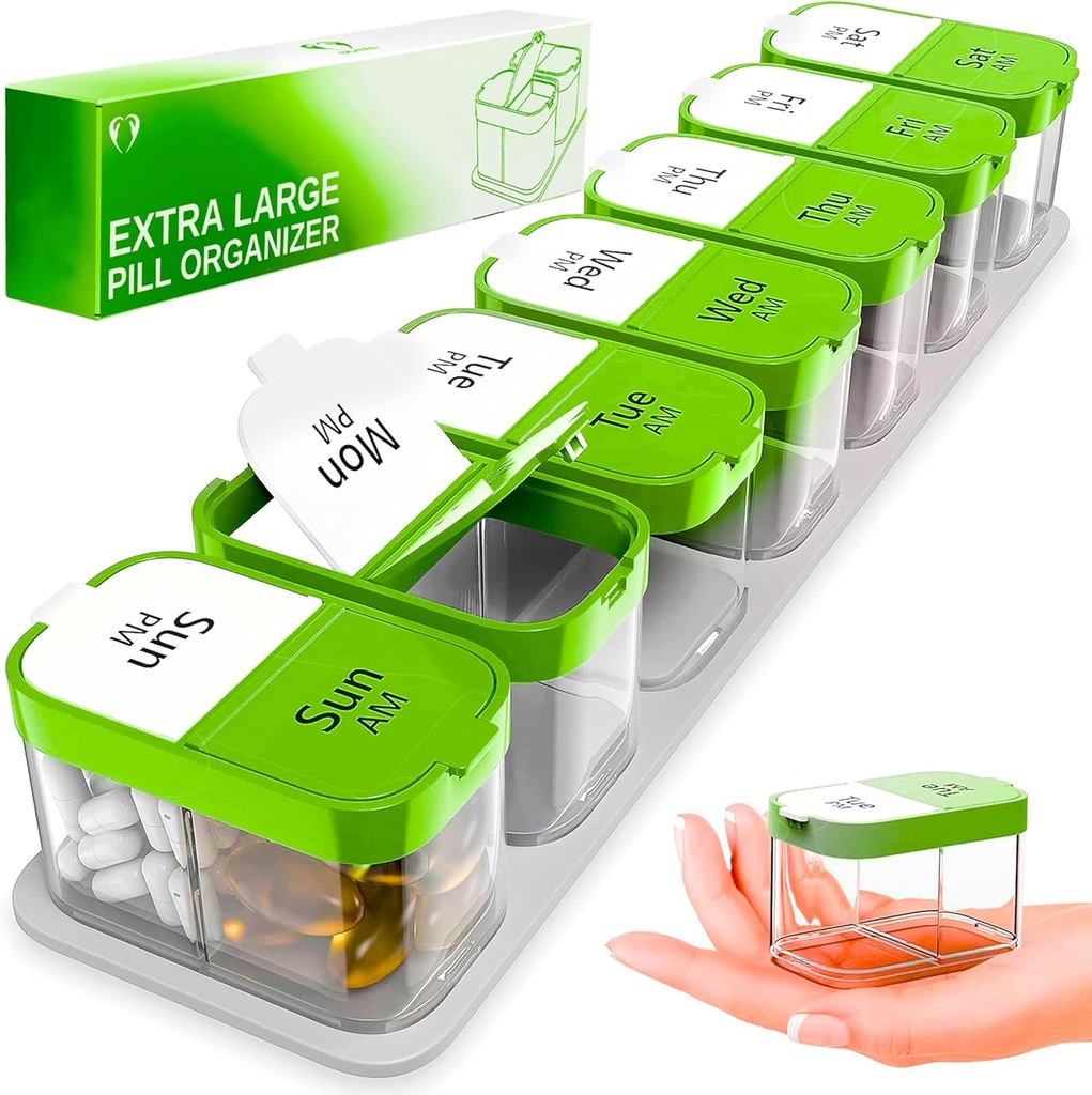 Ekstra velike tedenske tablete Organizator - XL Vitamin Holder s 7 Odstranljivi AM PM oddelki - Prenosna medicina Dispenzer za dom in potovanja, Velika dopolnilna posoda za tedensko ali dnevno uporabo, zelena