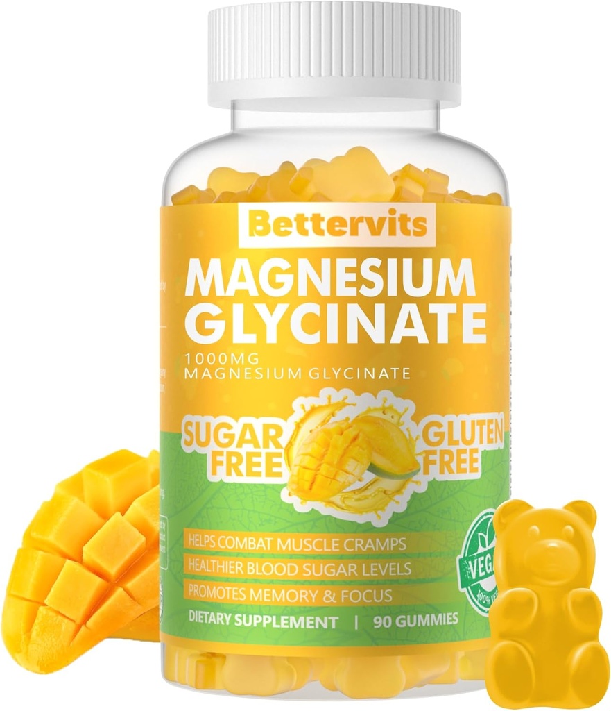 90 CT Magnezij Glycinate Gumies 1000mg - sladkor brez magnezija Kalij dodatek z vitaminom D, B6, CoQ10 za mirno Mood in podporo za spanje - 90 Mango Ananas Gumies