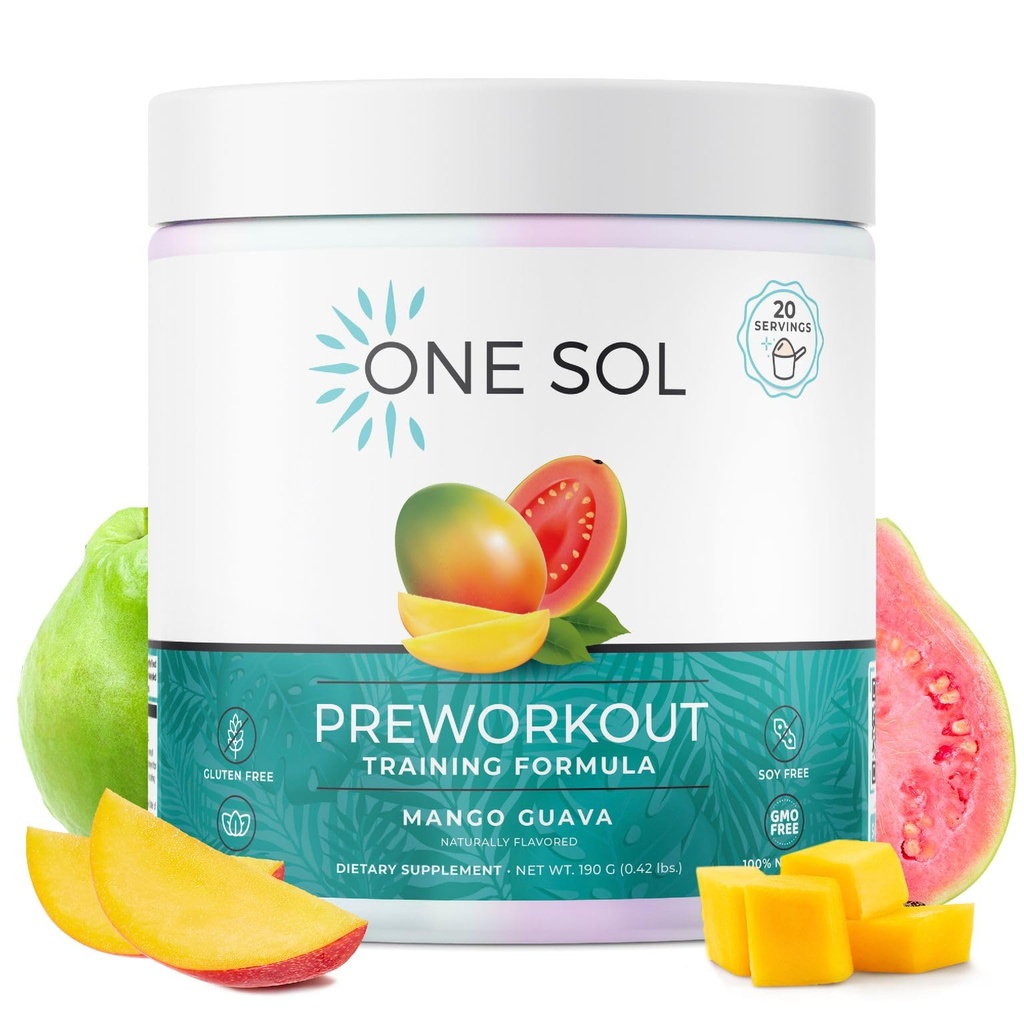 One Sol Pre-World za ženske, Izboljšana črpalka in fokus, Brez Jitters ali Crash, naravne sestavine, 100% Vegan, Gluten Free & Soy Free, (Mango Guava)