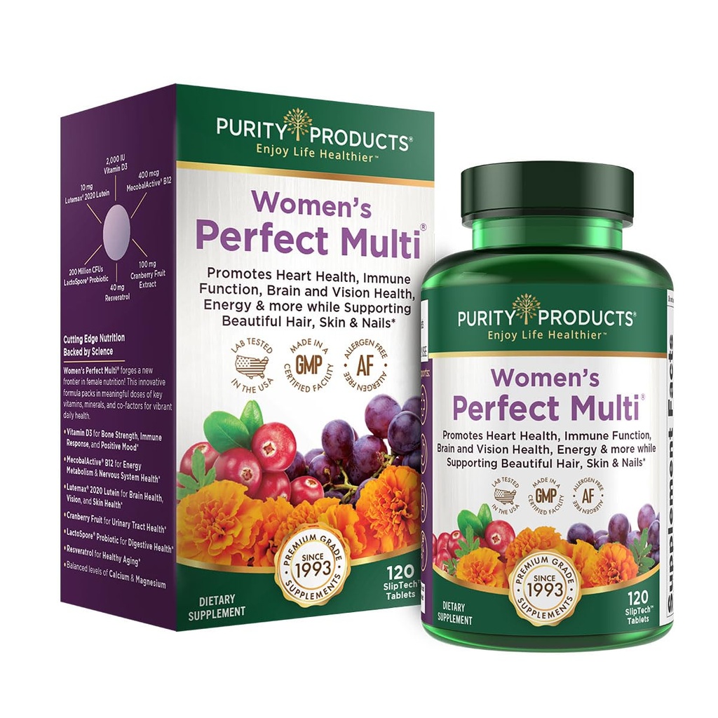 Izdelki čistosti Ženske Perfect Multi balansirani multivitaminski - Podpira Zdravje sečil, Imunski, Kost + Mišice, Las, Koža, Nohti, Elitni probiotik za prebavno zdravje + Več - 120 tablet