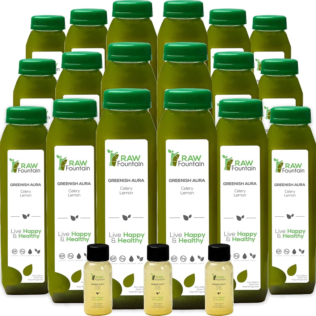 Sok iz zelene, čist s surovo vodo, vse naravne, hladno stiskani sokovi, čistilo za detox, 30 steklenic 12oz, 5 bonus ingver posnetkov
