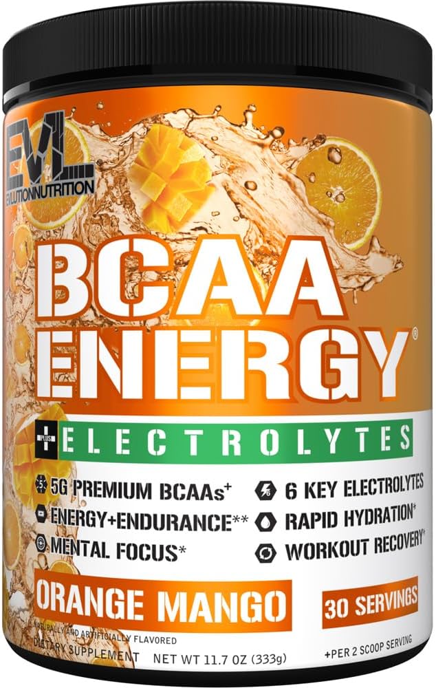 EVL BCAA Aminokisline v prahu - BCAA Energija Pred vadbo Prašek za obnovo mišic Lean rast in vzdržljivost - Rehidriranje Post Workout recovery pijača s 6 Key Elektroliti - Orange Mango