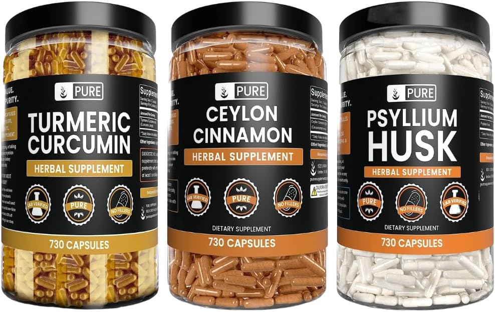 SESTAVINE CEILON Cinnamon, Psyllium Husk in kurkuma kapsule paket (730 kapsul po eno), brez magnezijevega ali riževega polnila