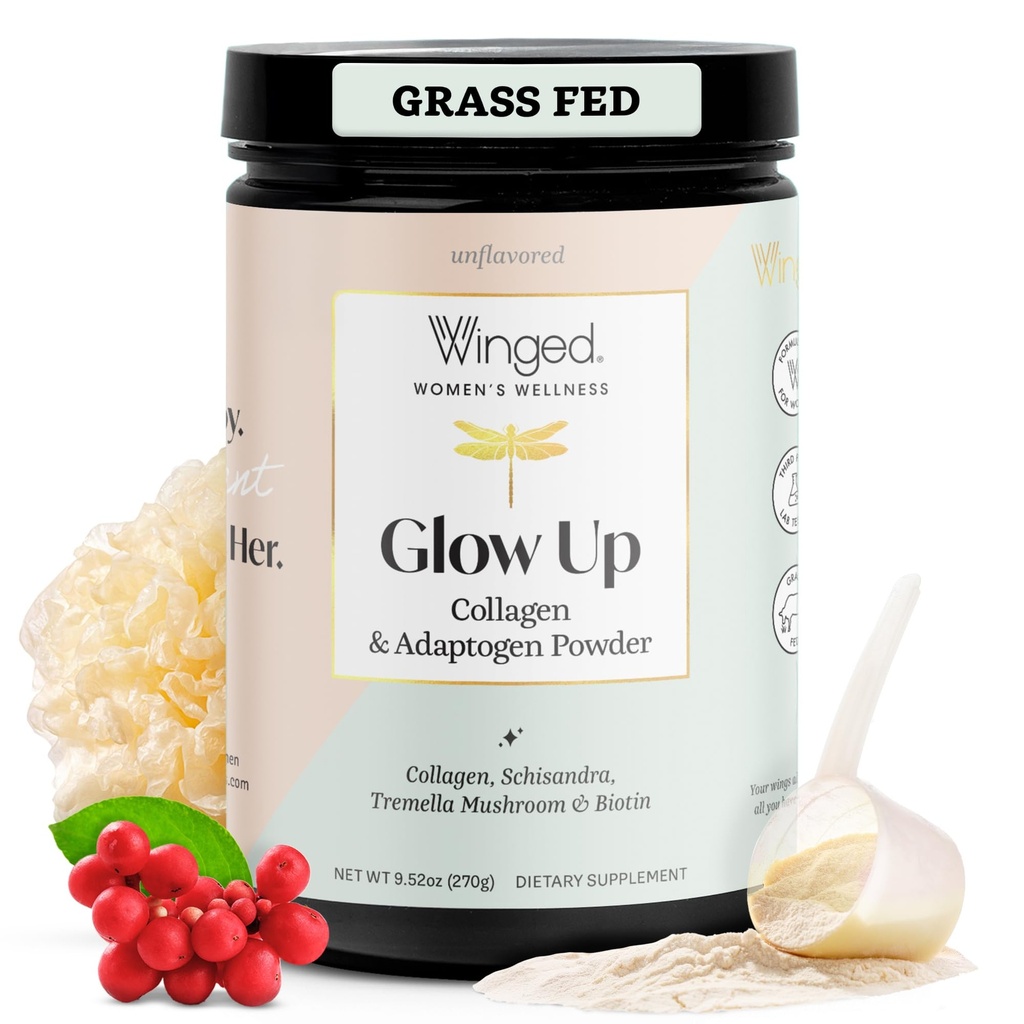 Winged Wellness Glow Up, kolagen prašek za ženske - las, kože in nohti Lepotna dopolnilo s travo-fred hidrolizirani kolagen peptidi Adaptogeni, vitamin C & Biotin - 25 Serving, nearomatizirana