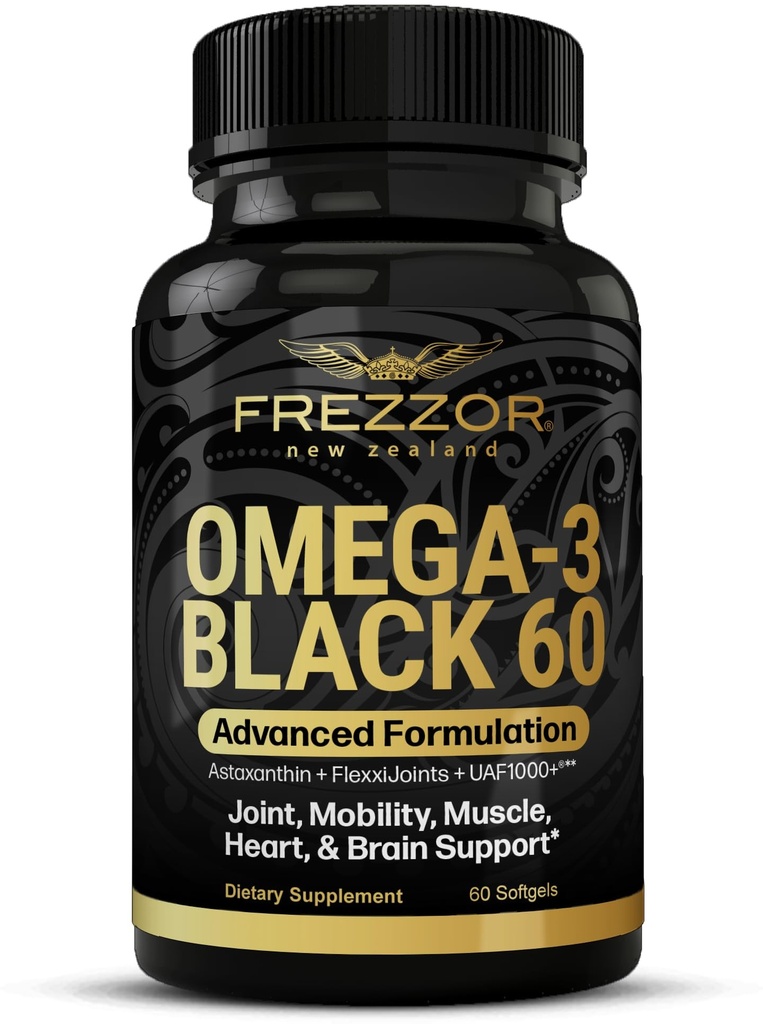 FREZZOR Omega 3 Črna za skupno nego in udobje - Novozelandska zelena rezano olje kapsule; 53x višja moč z UAF1000+ Super antioksidant, brez ribjega pookusa, 1-Pack, 60 Softgels