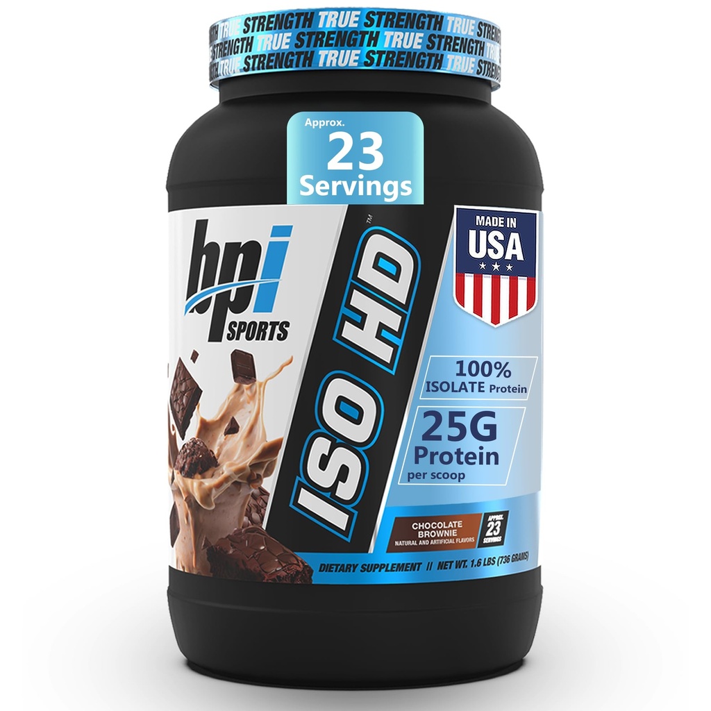 BPI Sports ISO HD Izolirni proteini v prahu – 100% sirotkin izolat, Beljakovine v prahu za pridobivanje mišic - Čokolada Brownie - 1,6 Lb - 23 Servisi