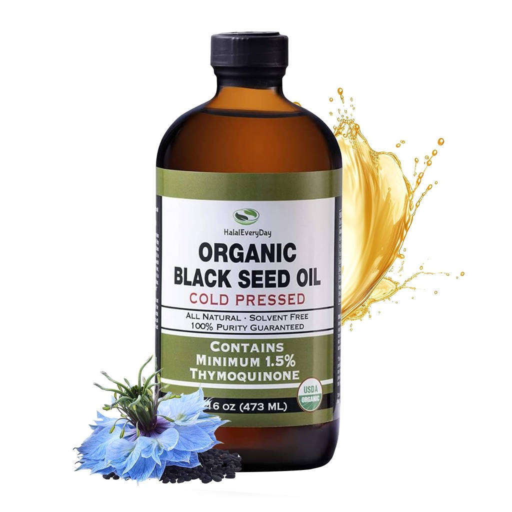 Halal EveryDay organsko olje črnega semena - USDA Certified, hladno stisnjena steklena steklenica 16oz - več kot 1,5% Thymokinon Turkey Black Cumin Nigella Sativa Non-GMO 100% čisto črno seme olje
