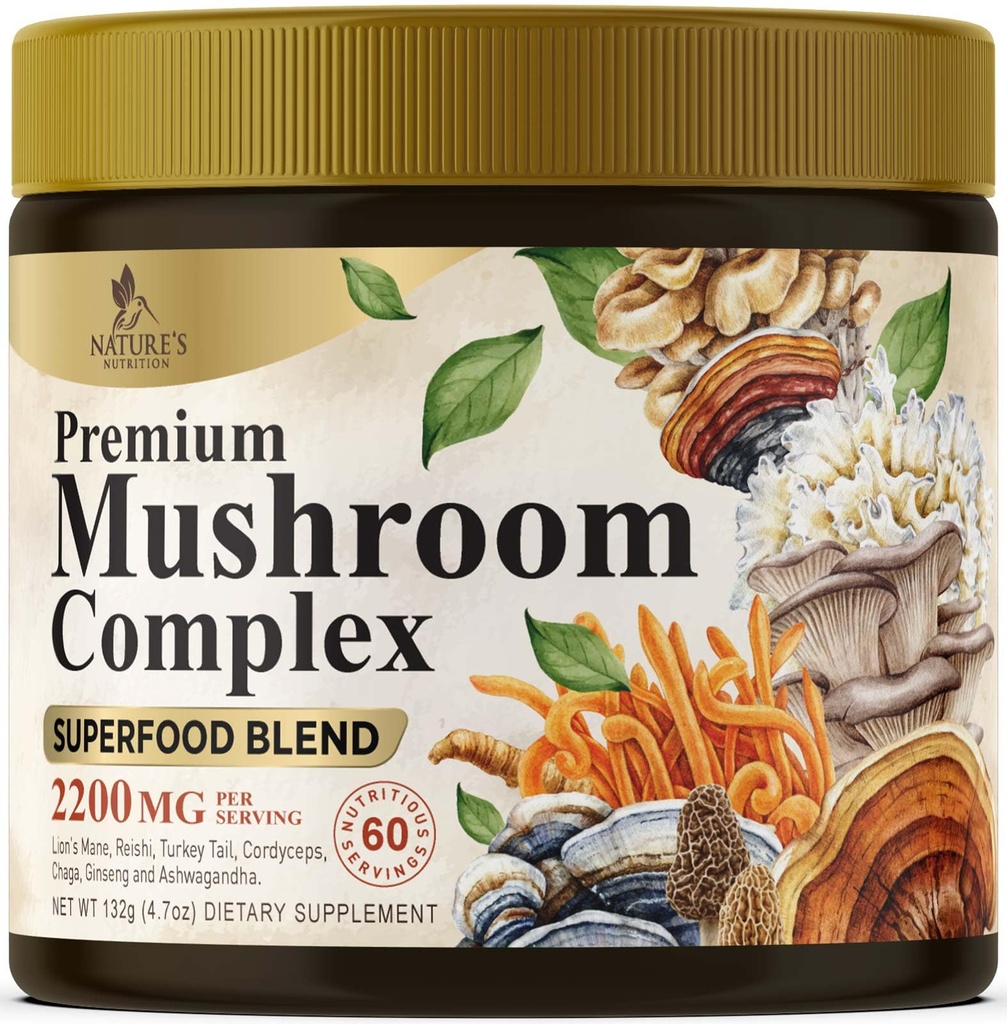Gobe v prahu dopolnila 2200mg - 11 v 1 Complex Formula Powder z organskimi levi Mane, Reishi, Cordyceps, Chaga, Turčija Tail Gobe Extract dodatek za spomin in podporo možganov - 60 Serving