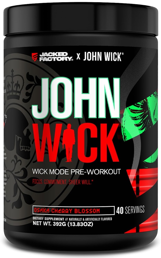 Jacked Factory X John Wick - Wick Mode Pre Workout Powder - intenzivna energija, bojno pripravljen fokus, neustavljiva zaveza in čista volja - 40 Servings, Osaka Cherry Blossom