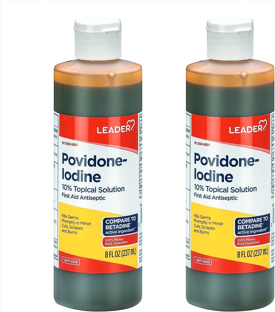 Leader Povidon Jodine 10% prep rešitev USP, Antiseptični čistilec ran prve pomoči, Pranje ran, Antiseptično milo (8 Fl Oz, pakiranje po 2)