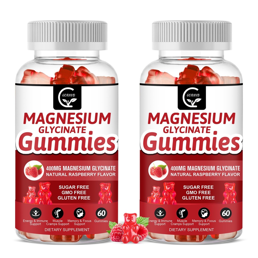 Magnezij Glycinate Gumies 400mg, Mg Kalijev dodatek s keliranim magnezijevega malata kompleksa, vitamina D, B6 in CoQ10, Podpora za spomin, miren, Mood in spanje - 60 Število (Pack od 2)