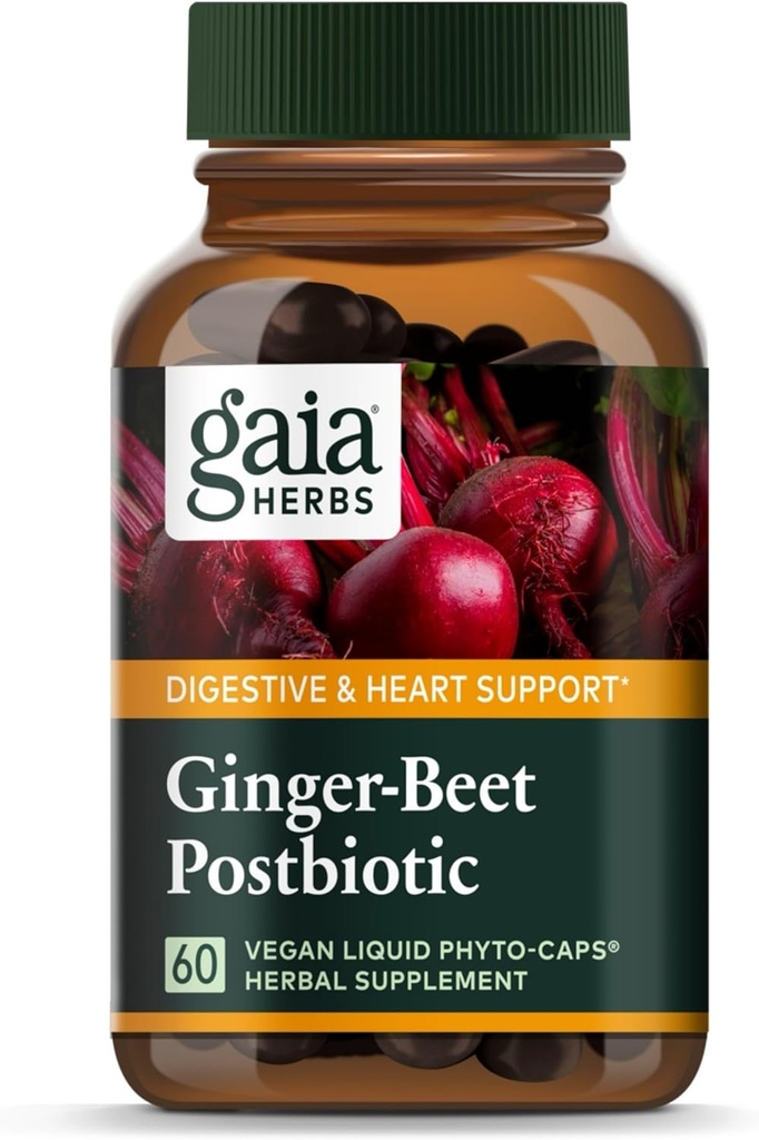 Gaia Herbs Ginger-Beet Postbiotik - dodatek za Gut & Heart Health Support - Izdelano z organskimi fermentiranimi čebelami & ingver - brez mleka, soje in glutena - 60 veganskih kapsul (30 strežb)
