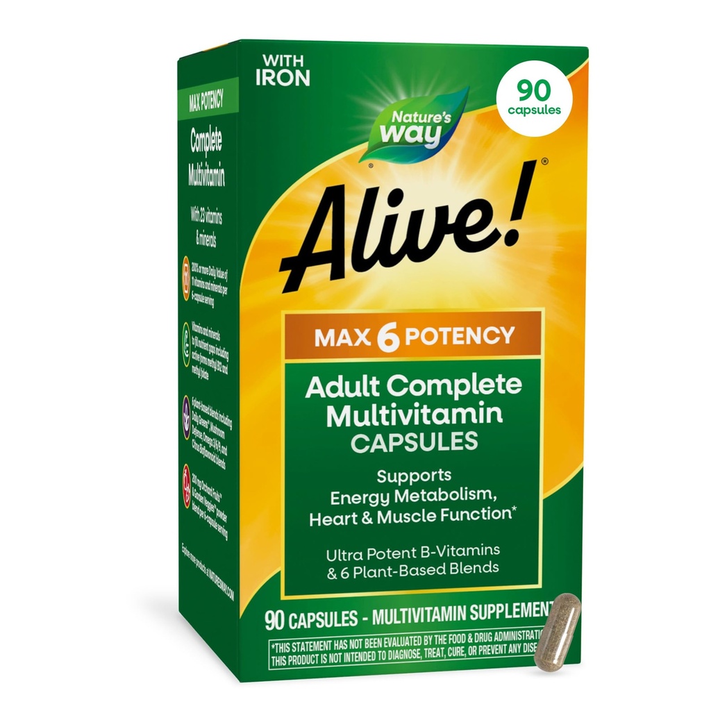 Naravna pot živa! Max6 Potency Adult Complete Multivitamine, z železom, vitamini A, C, E in B-vitamini, vključno z metiliranim B12 in folatom, podpira energetsko presnovo*, 90 kapsul (Packaging May Vary)