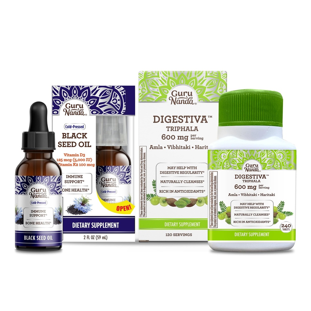 GuruNanda Black Seed Oil, Cold-Presed Nigella Sativa - bogata z vitaminom D3 5000 enot & Digestiva Triphala (240 tablet), podpira prebavo, pomaga pri nabreklih