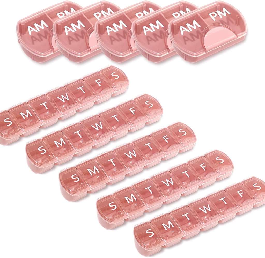 10 Pack (tedensko in dnevno), 2 krat na dan (AM/PM) + 7-dnevne tablete Organizator, vitaminski načrtovalec, velike zmogljivosti set tablet, potovalne tablete Primer za zdravila/vitamine/ribja olja/dodatki, roza