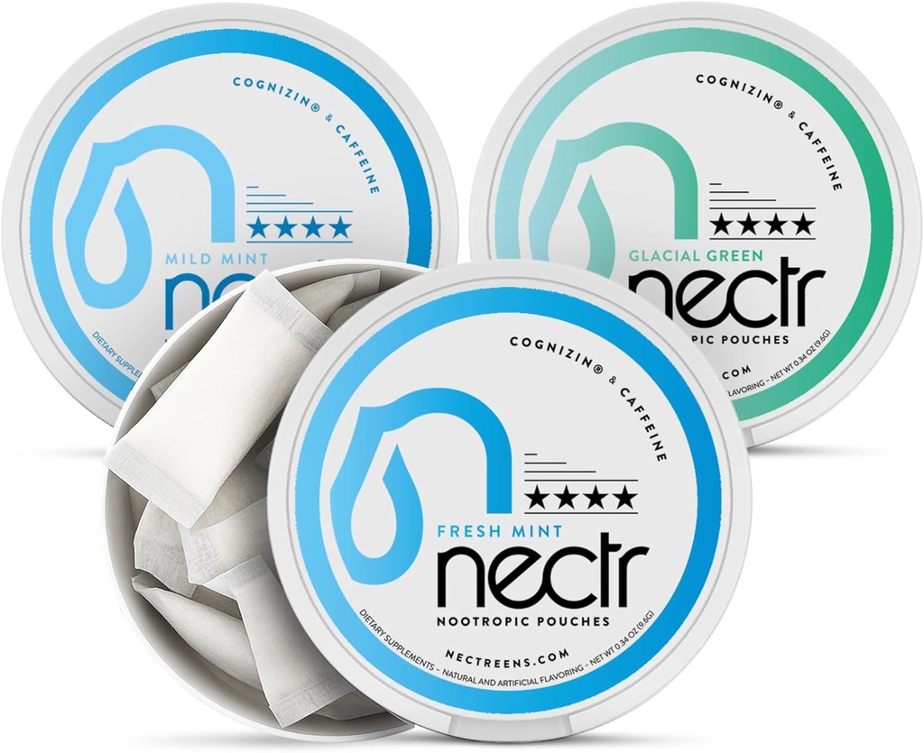 Nectr Energy Nootropic Pouches Mint Mix - Kofein Pouches s Cognizin Citicoline. 3 Okusi: Blaga in sveža metina, in Glacialno zelena. Sugar-free, Nikotin Free Calm Focus & Energy dodatek