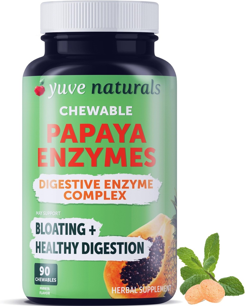 Yuve Natural Papaya Prebavni encimi - brez sladkorja žvečljive sladkarije - spodbuja boljše prebavo - zaprtje in napenjanje pomoč, Detox, Leaky Gut Popravilo in plin Relief - Vegan, Non-GMO, Gluten-free - 90ct
