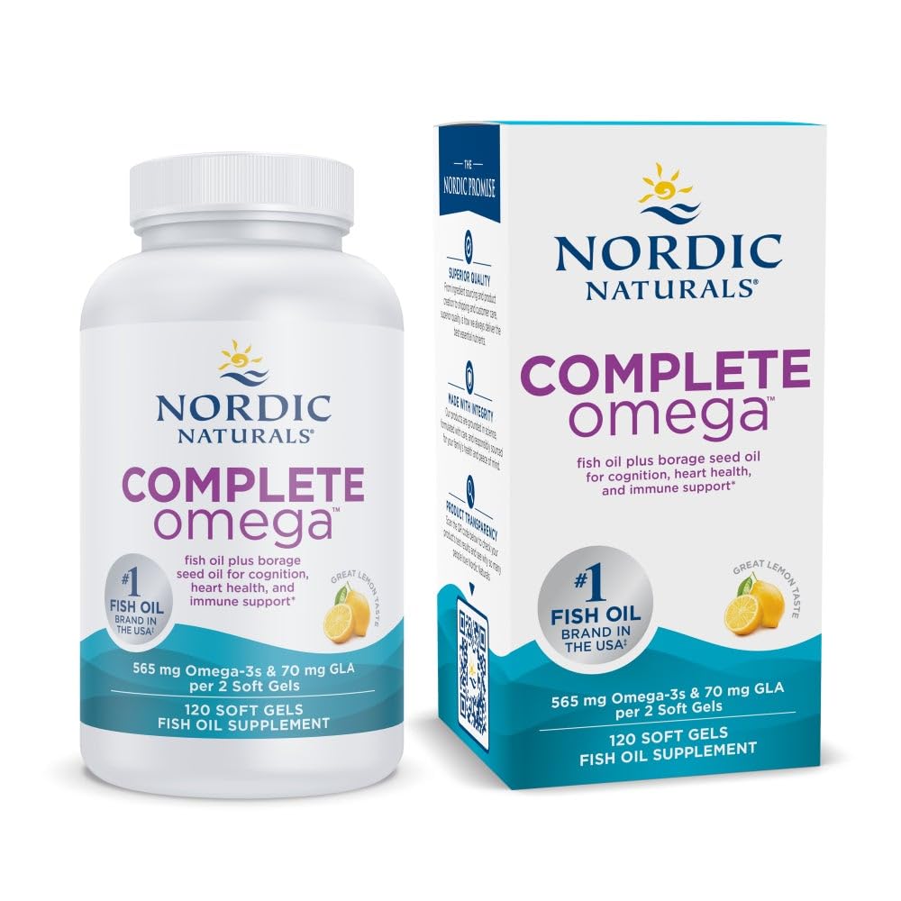 Nordijska naravna popolna omega, limonska aroma - 120 Soft Gels - 565 mg Omega-3 - EPA & DHA z dodanim GLA - Zdrava koža, kognicija, Pozitivna razpoloženja - Non-GMO - 60 Servinges