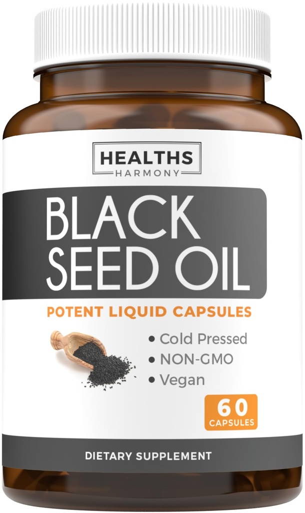 Olje črnega semena - 60 kapsul softgela (Non-GMO & Vegan) Premium hladno predoblikovana Nigella Sativa Produktivno čisto črno Cumin Seme Olje z vitaminom E - 500mg vsak, 1000mg Na 2 kapsuli Serviranje