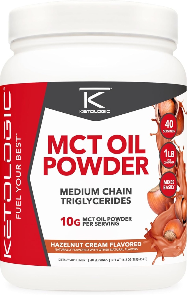 Ketologic MCT Oil Powder Hazelnut Cream (1 LB) – Keto Coffee Creamer & Energy Support – 41 Servis srednje verižnih trigliceridov za fokus in gorivo