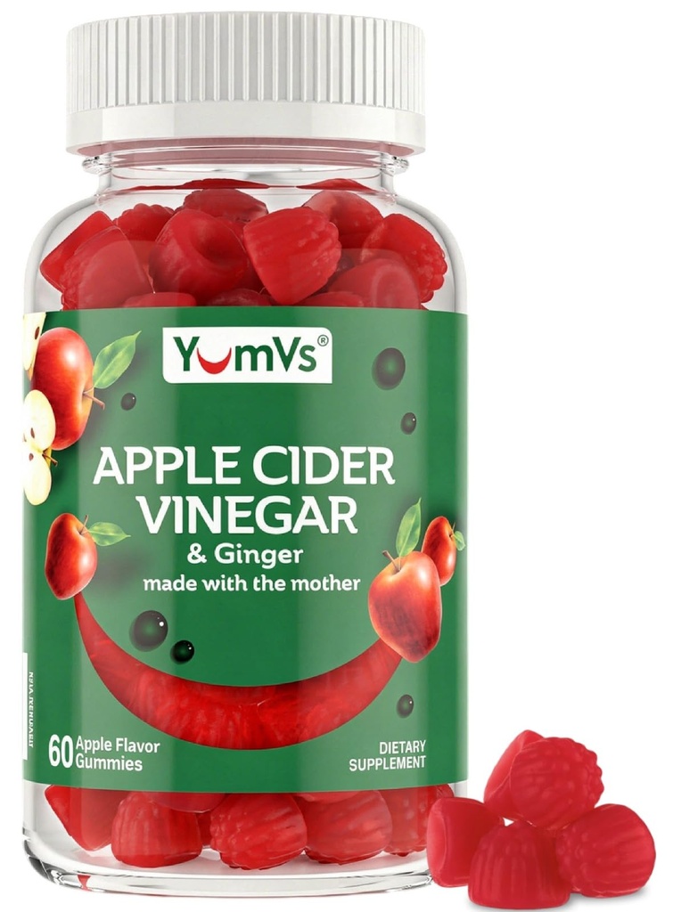 YUM-V's Apple Cider vingar Gummies – ACV Gummies z ingverjem & Mati – podpira presnova, Vitalnost & Dnevno Wellness – Naravni Apple Flavor Vegan, Ne-GMO, Gluten-free, Cider Gummy – 60 Count