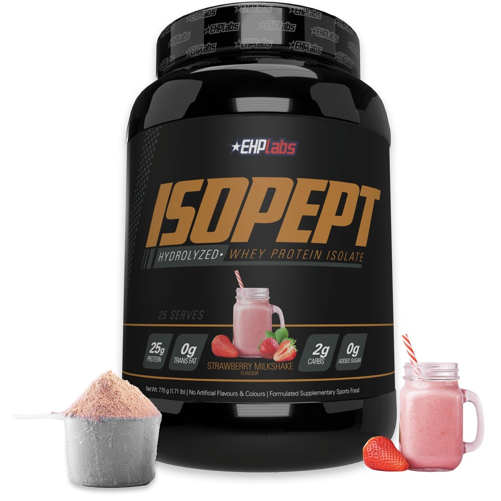 IzoPept hidrolizirani sirotkini proteini v prahu z EHPABS - 100% izolat in hidrolizat sirotkinih beljakovin, 27 g beljakovin, ne-GMO, brez glutena, hitro absorbcijo, enostavno prebavljanje, 27 servov (Storwberry Milkshake)