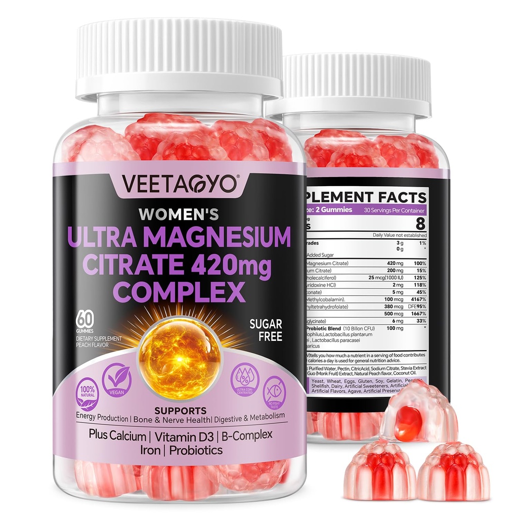 Magnezijev citrat Gumies 420mg za odrasle - dvojno plast - w/10 milijarda CFU - 5 sevi probiotiki & kalcij, D3, Biotin, železo, B6, B12, Folat, Podpora za kosti, živec, Sprostitev, mišice - Vegan 60Cts