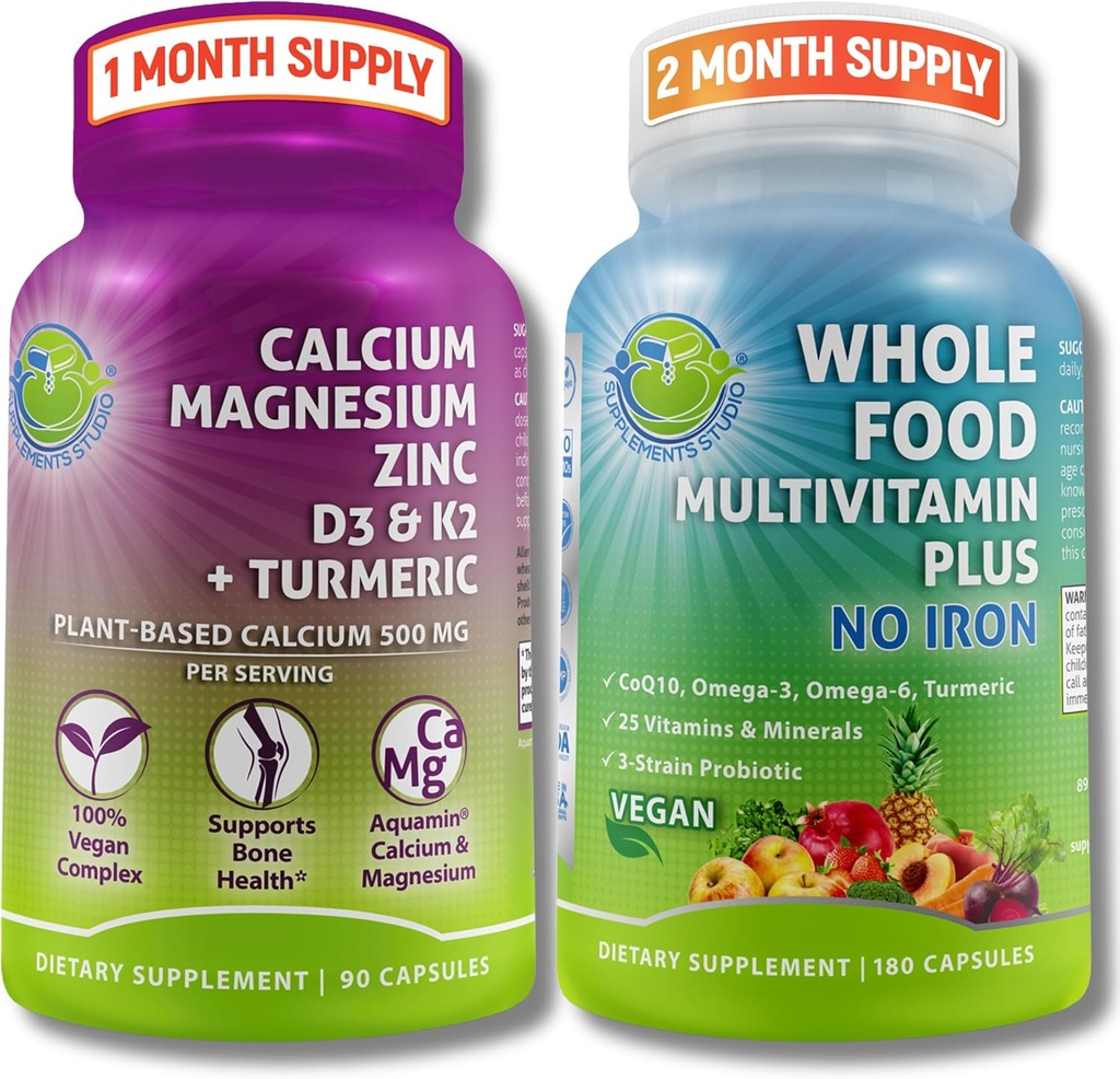 DOPOLNILNI ŠTUDIO Daily Imune, Bone & Energy Support Bundele za moške in ženske – Vegansko polno živil multivitaminski brez železa in rastlin na bazi kalcija Magnezij z D3, K2 & Kurmeric – Vegan, Non-GMO