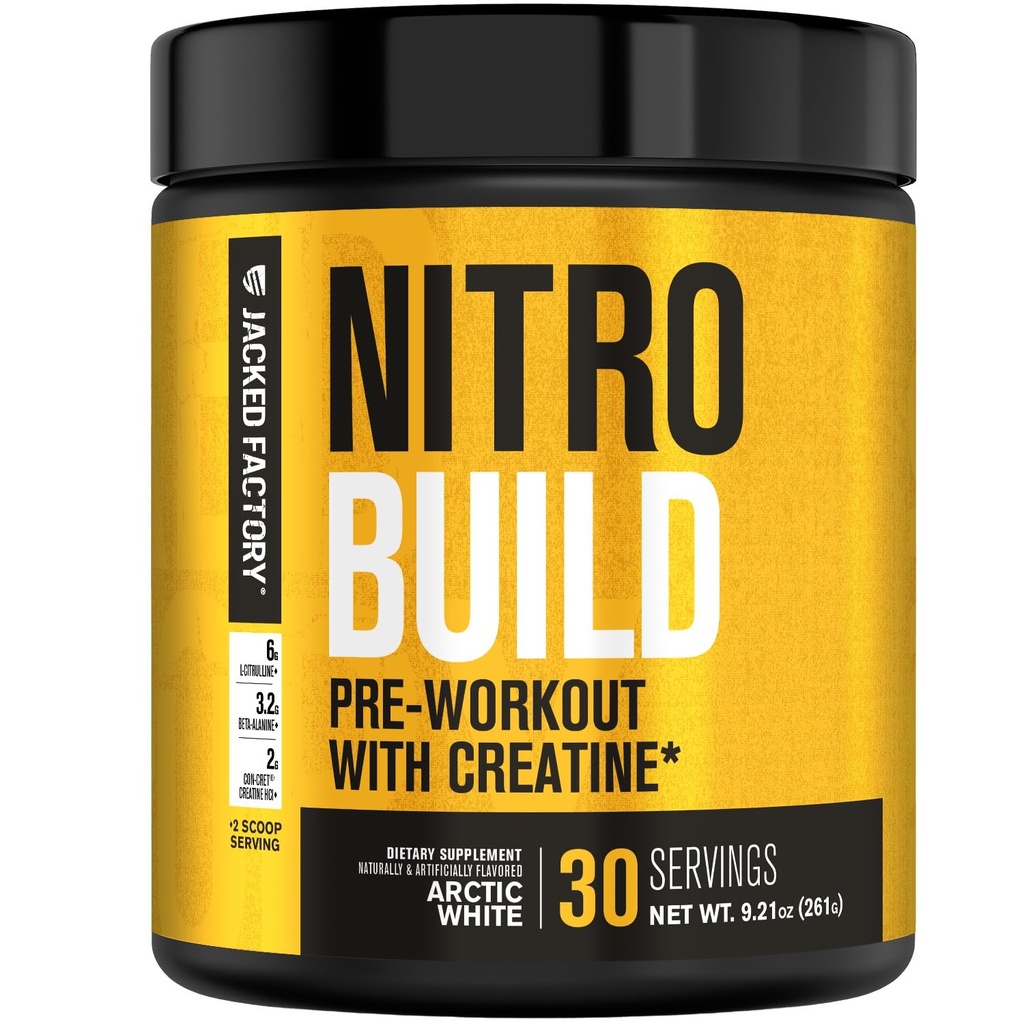 Jacked Factory Nitrosurge Build Pre Workout z Kreatine za izgradnjo mišic - Con Cret Creatine Powder & elevATP za intenzivno energijo, močne črpalke, & Neskončna vzdržljivost - 30 Serving, Arktična bela