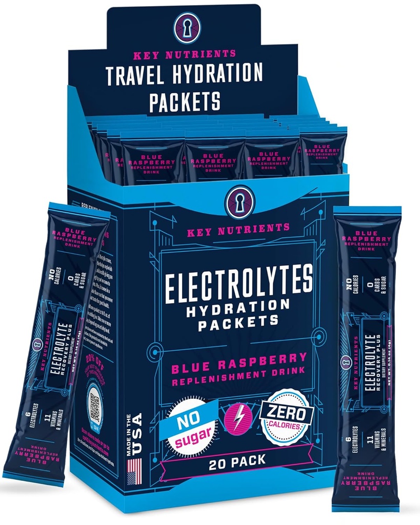 KLJUČNI HRANILCI Elektroliti v prahu paketi 20 Pack - brez sladkorja, okusna modra malina, Hydration Packets z elektrolitskim praškom za osvežitev elektrolitsko pijačo Mix Packets - Nič kalorij