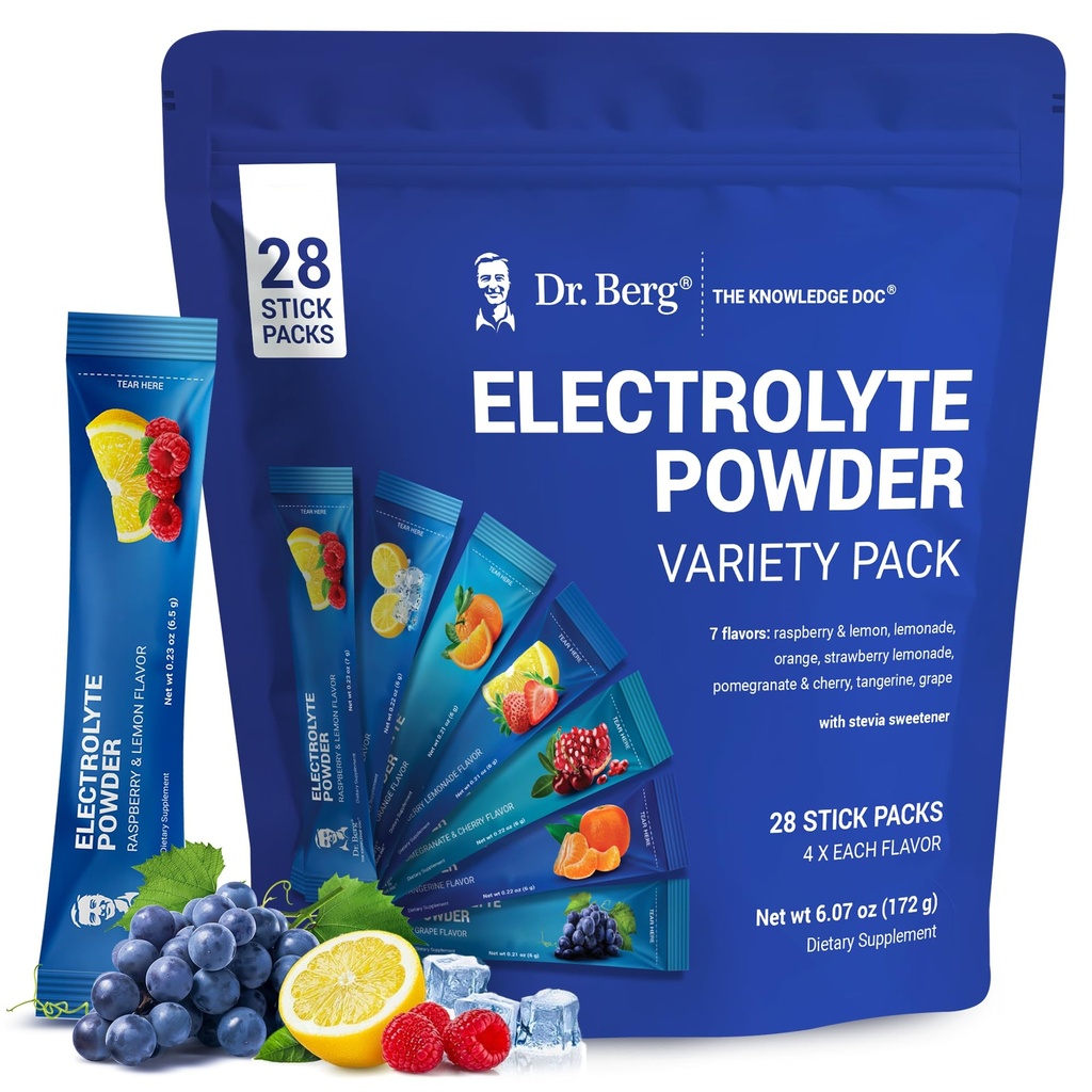 Dr. Berg Sugar Free Electrolyte Powder Packets (Variety Pack) - Dnevna mešanica elektrolitskih pijač - 28 skupnih hidracijskih vrečk brez sladkorja - Keto Electrolytes Powder Packets No Sladkor - 7 okusnih arom