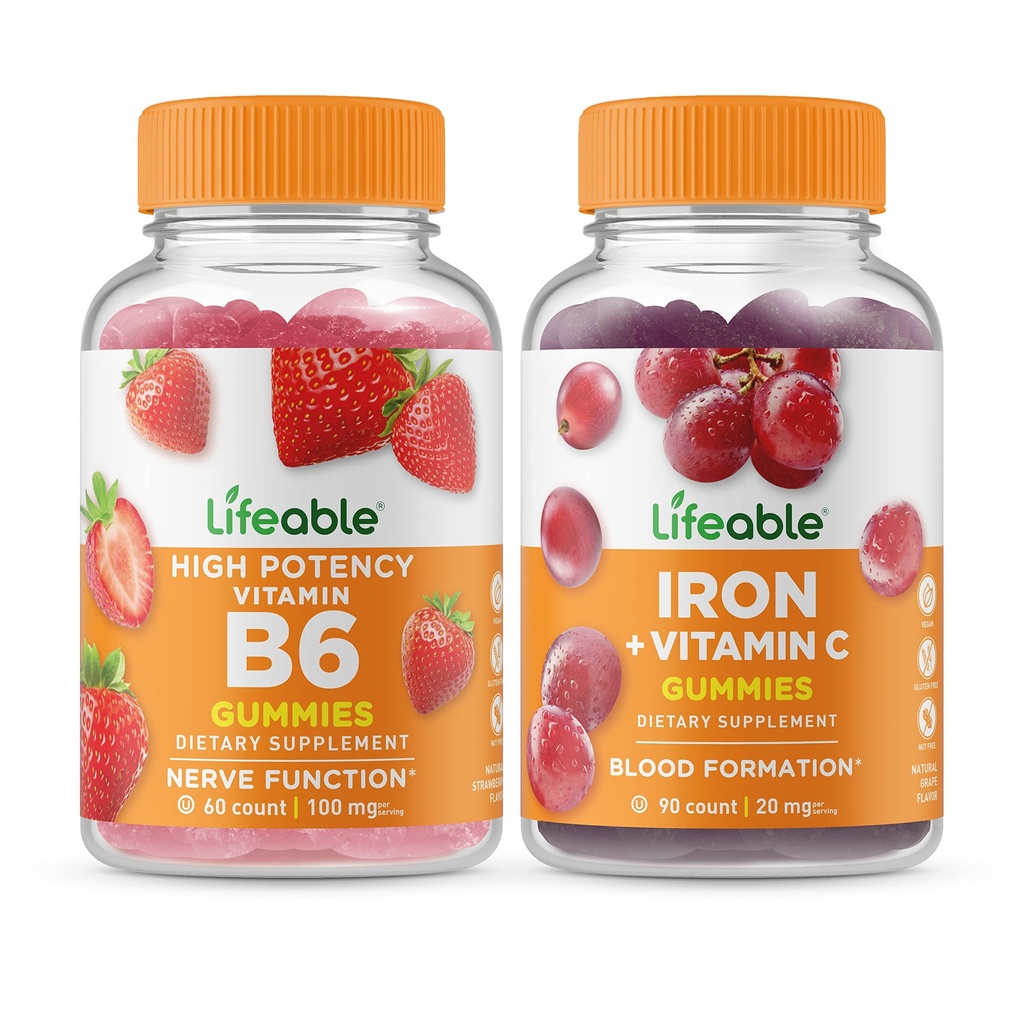 Življenjski Vitamin B6 + Likalnik z vitaminom C, Gummies Bundle - odličen okus, Vitamin dodatek, Gluten brezplačno, GSO brezplačno, Žvečljiva