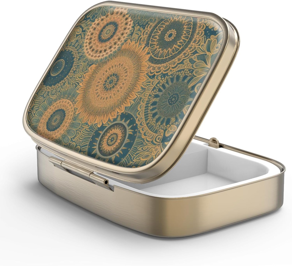 Škatla tablete tablete z Mirror Retro 2 Kompartment majhne tablete Zabojnik za torbico ali žep bronaste pravokotne tablete ali vitamini, ribje olje, dodatki, tablete vsebuje potovalna darila (Retro Mandala)