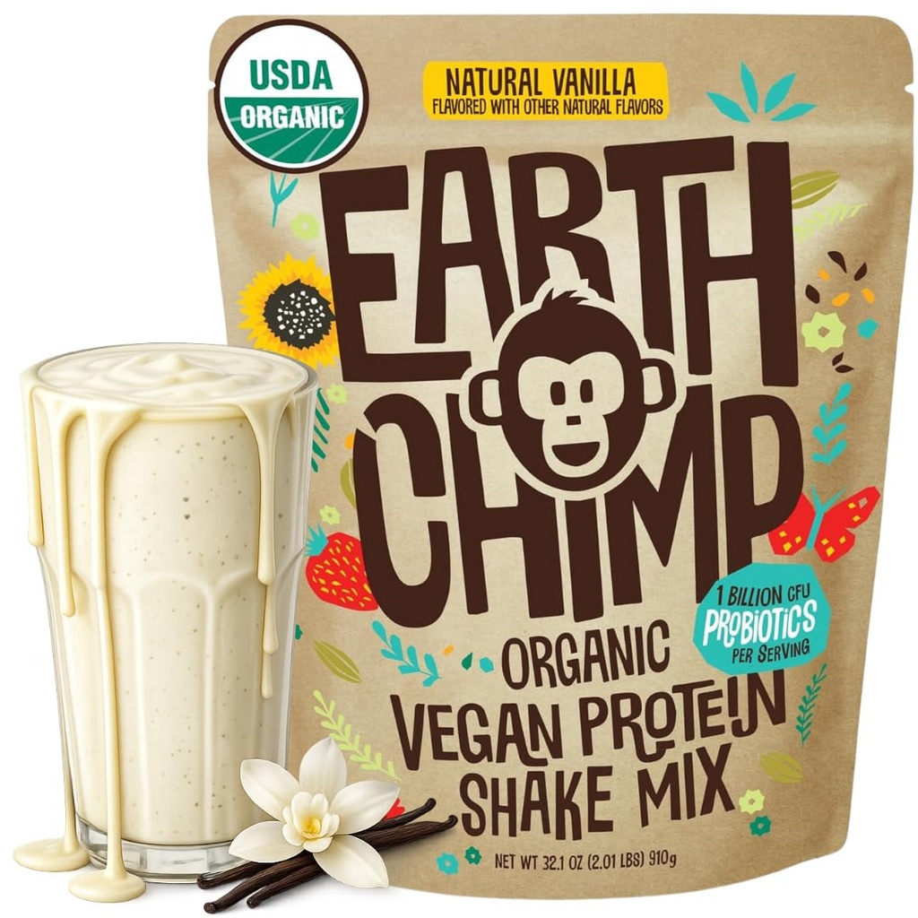 EarthChimp Organic Vegan Protein Powder - brez GSO, brez mleka, brez sirotke, na rastlinah osnovan beljakovinski prašek za ženske in moške, brez glutena - 26 Servings 32 Oz (Vanilja)