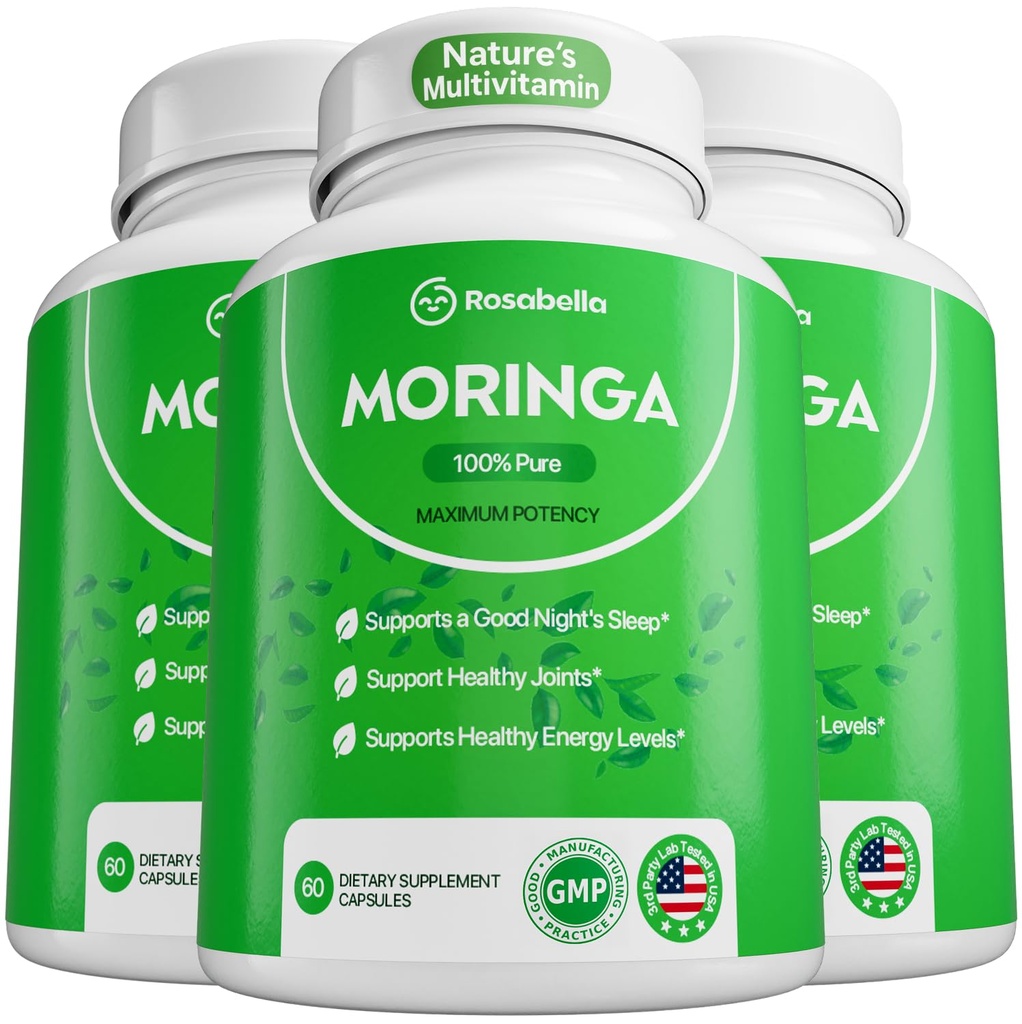 Kapsule Rosabella Moringa - Pure Moringa Powder, Energy, Skin, Imun & Gut Health Superfood, bogata z antioksidanti, Essential Vitamins & Aminokisline, Natural Green Superfood dodatek - 180 Count