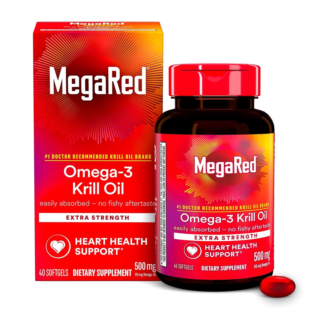 Megardeče Omega-3 Krill Oil 500mg Extra Strength mehkegels (40 Count in a Box) - Krill Oil No Ribji pookus