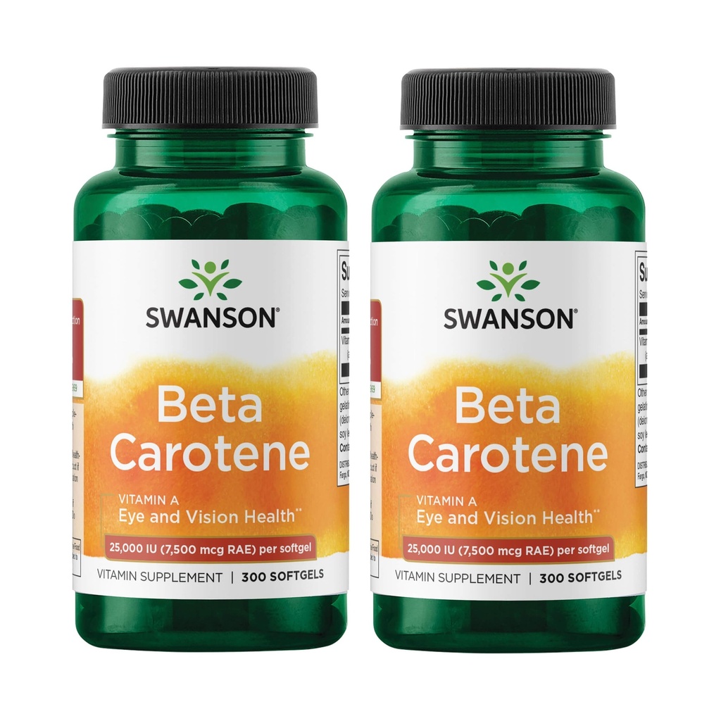 Swanson beta karoten Vitamin A 25000 i.e. Kožni imunski sistem Zdravje Antioksidant Podpora 7500 mikrogramov 300 kapsul (2 pakiranji)