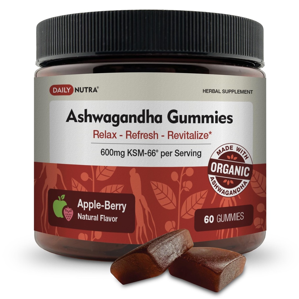 KSM-66 Ashwagandha Gummies - 600mg Izvleček organskih korenin na strežbo - Okusna naravna okus Apple-Berry 
