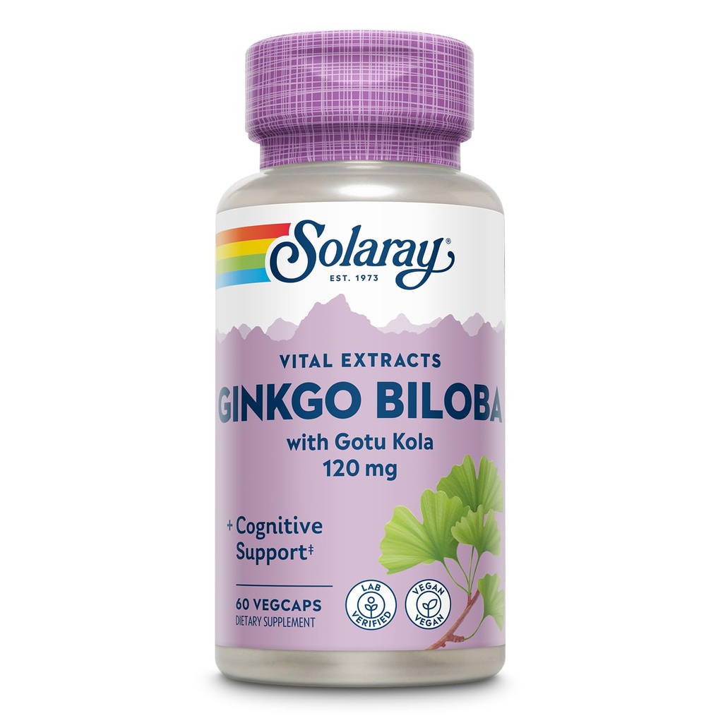 SOLARAY Ginkgo Biloba Extract z Gotu Kola - Ginko Biloba Kapsule za podporo za zdravje možganov - Vegan, Lab preverjeno, 60-dnevno jamstvo - 60 Serving, 60 VegCaps (60 VegCaps)