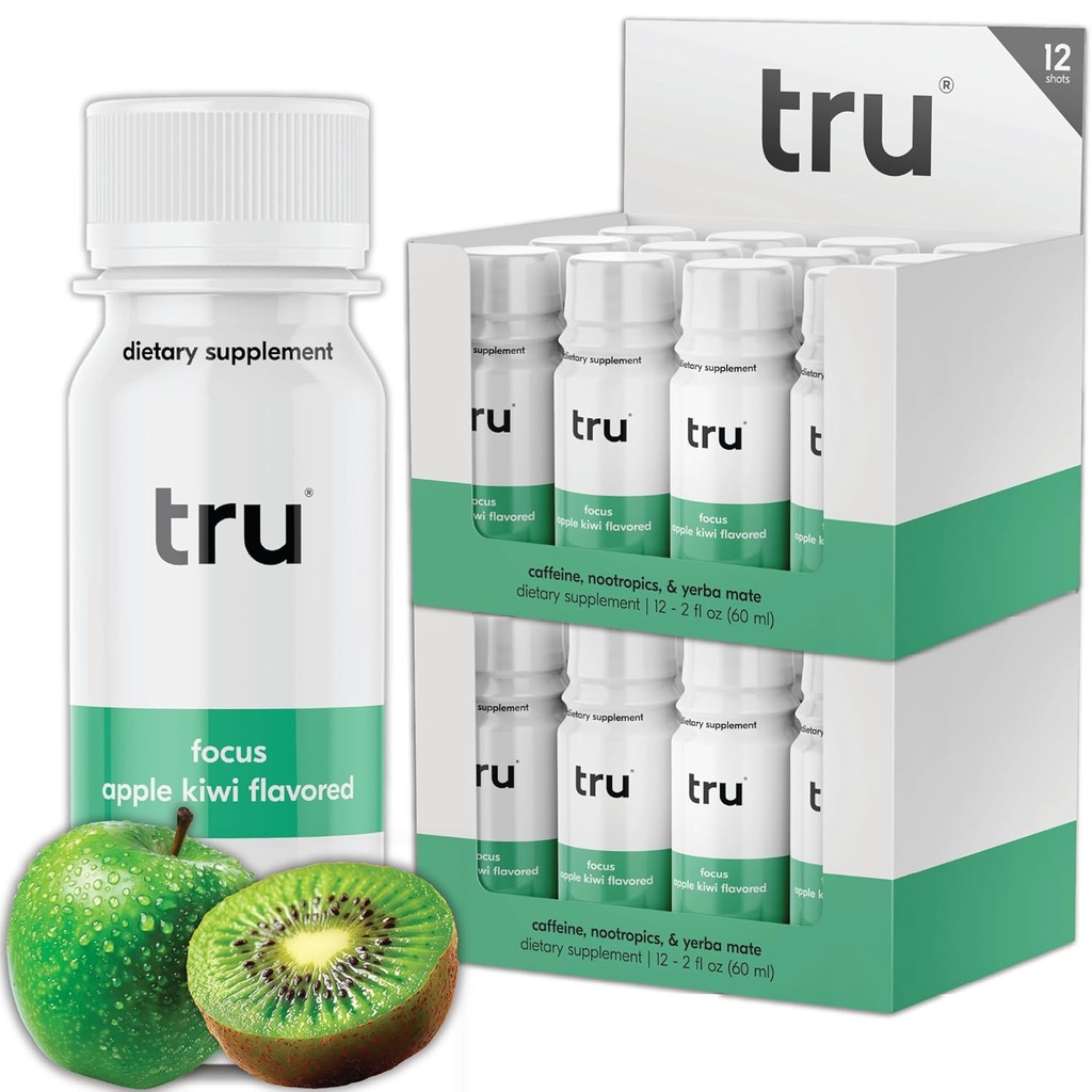 Tru Focus Shot, Apple Kiwi aromatizirana ekstra moč energije Shots - nič sladkor nootropna pijača in adaptogeni, Choline, in Yerba Mate - Naravni kofein, GF, Keto, Vegan dodatek, 2oz (Pack of 24)
