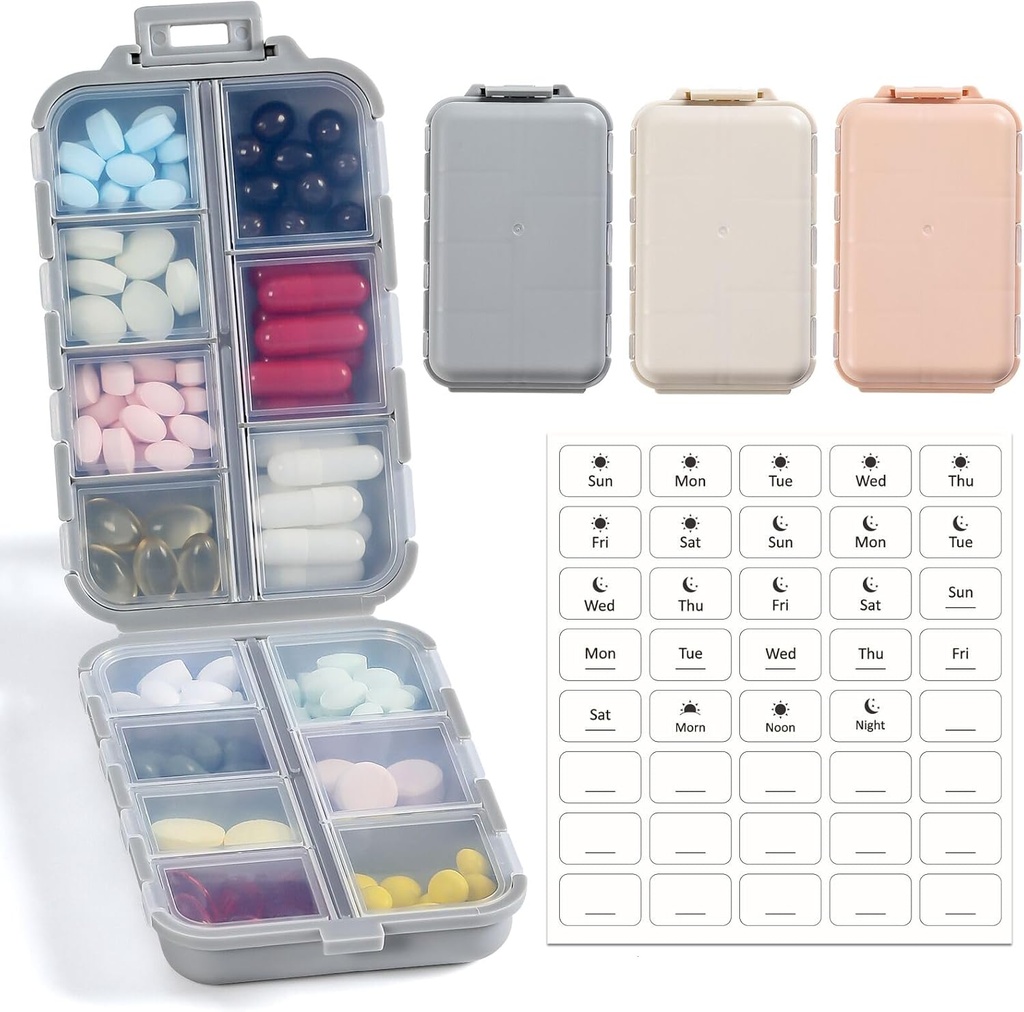 LANDNEOO 14 Mreže tablete Organizator škatle z nalepkami, Travel Medication imetnik Dispenser Case Kit, Pocket Daily Lekarna kontejner za ribje olje Vitamin dopolnilno shranjevanje, Khaki Pink Grey, 3 Pack