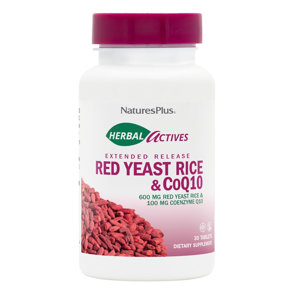 NaturesPlus Zeliščne učinkovine Rdeče Kvas riž 600mg & CoQ10 100mg, Razširjena sprostitev - 30 Veganske tablete - Maksimalni dodatek za jakost, antioksidant - vegetarijanski, Gluten-free - 30 Služabniki