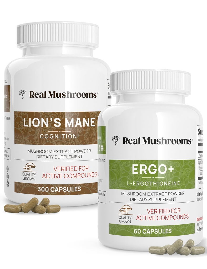 Prave gobe Ergotionein (60ct) in Lions Mane (300ct) Bunde z izvlečki gob Shiitake in Oyster - Dolgoživost in kognicija - Vegan, Gluten prost, Non-GMO - Naravna podpora za zdravo staranje