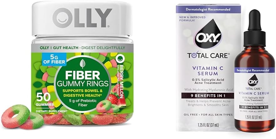 OLY Fiber Gummy obroči 50ct + Oxy popolna nega Hidrating Vitamin C Serum za digestivno podporo, Jasno kožo